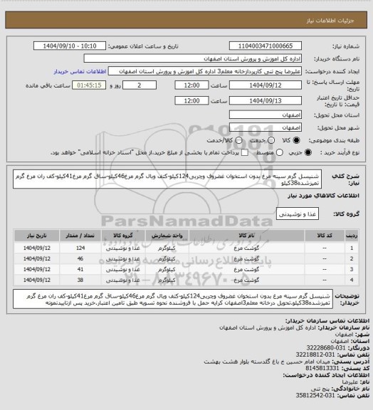 استعلام شنیسل گرم سینه مرغ بدون استخوان غضروف وچربی124کیلو-کتف وبال گرم مرغ46کیلو-ساق گرم مرغ41کیلو-کف ران مرغ گرم تمیزشده38کیلو
