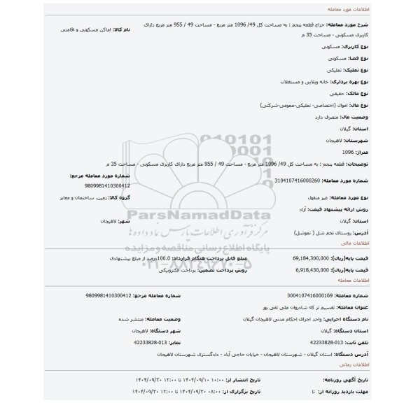مزایده، قطعه پنجم : به مساحت کل 49/ 1096 متر مربع - مساحت 49 / 955 متر مربع دارای کاربری مسکونی - مساحت 35 م
