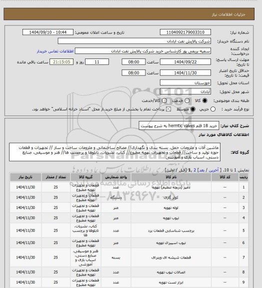 استعلام خرید 18 قلم hermtic valves به شرح پیوست