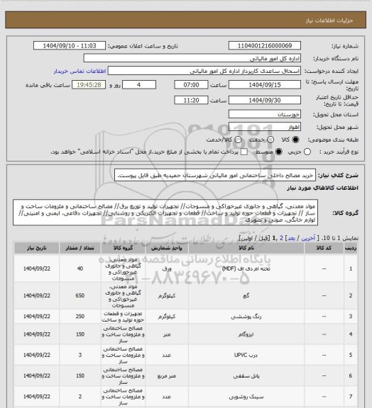 استعلام خرید مصالح داخلی ساختمانی امور مالیاتی شهرستان حمیدیه طبق فایل پیوست.