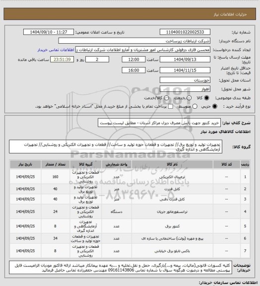 استعلام خرید کنتور جهت پایش مصرف دیزل مراکز استان - مطابق لیست پیوست