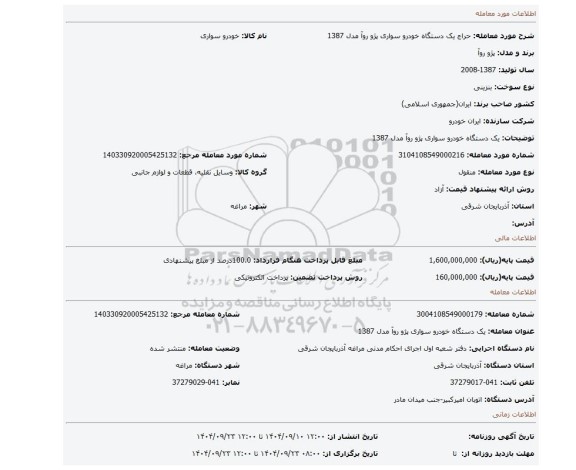 مزایده، یک دستگاه خودرو سواری پژو روآ مدل 1387