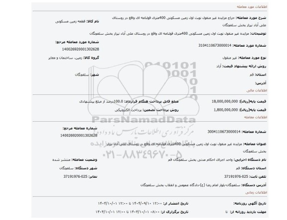 مزایده، مزایده غیر منقول نوبت اول زمین مسکونی 400متری قولنامه ای واقع در روستای علی آباد نیزار بخش سلفچگان