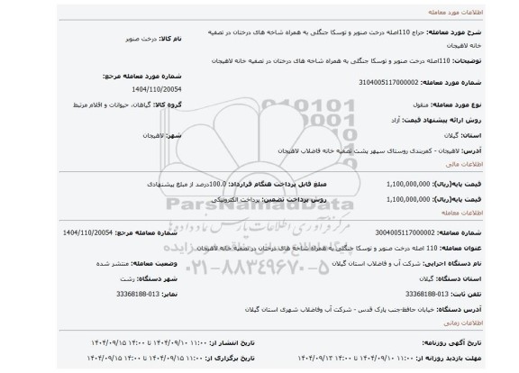 مزایده، 110اصله درخت  صنوبر و توسکا جنگلی به همراه شاخه های درختان در تصفیه خانه لاهیجان