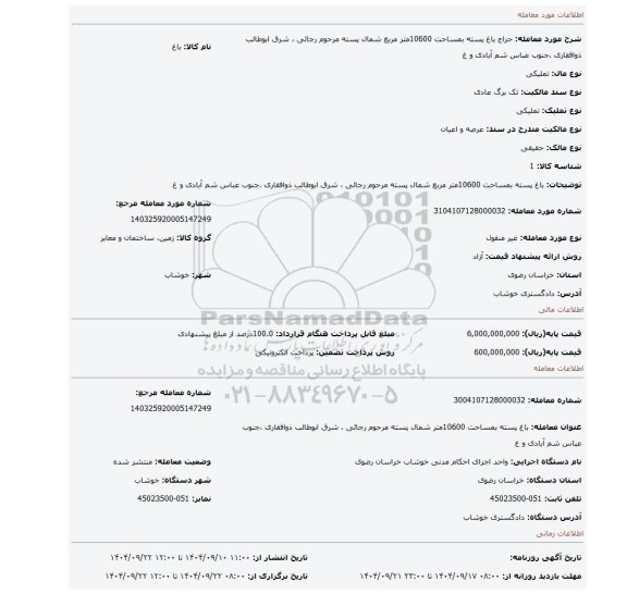 مزایده، باغ پسته بمساحت 10600متر مربع  شمال پسته مرحوم رجائی ، شرق ابوطالب ذوافقاری ،جنوب عباس شم آبادی  و غ