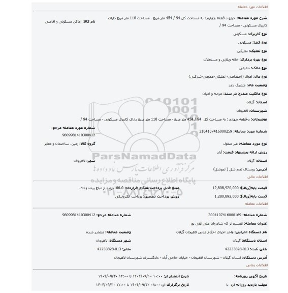 مزایده، د-قطعه چهارم : به مساحت کل  94 / 454 متر مربع - مساحت 110 متر مربع دارای کاربری مسکونی - مساحت 94 /
