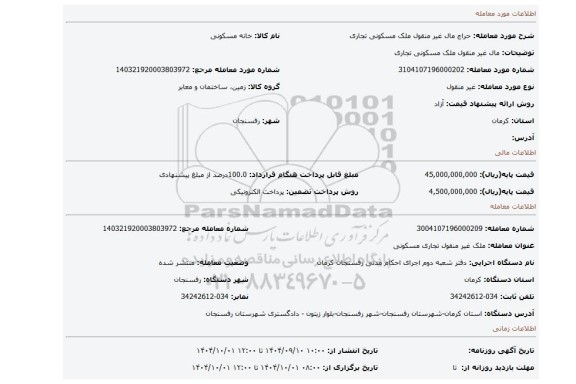 مزایده، مال غیر منقول ملک مسکونی تجاری