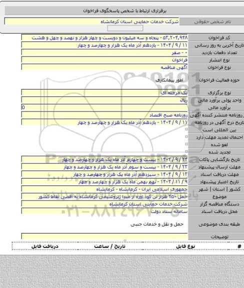 مناقصه, حمل ۲۵۰ هزار تن کود اوره از مبدا ژتروشیمی کرمانشاه به اقصی نقاط کشور