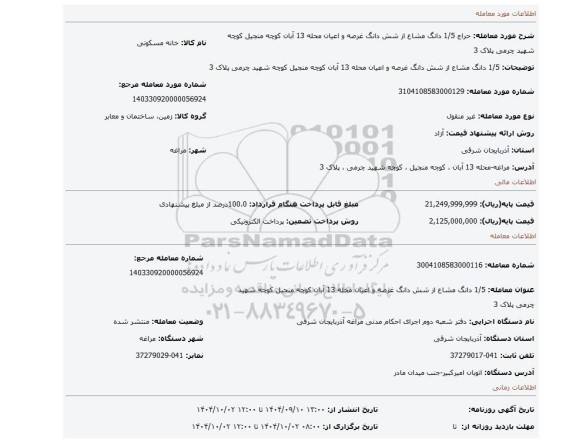 مزایده، 1/5 دانگ مشاع از شش دانگ غرصه و اعیان محله 13 آبان کوچه منجیل کوچه شهید چرمی پلاک 3