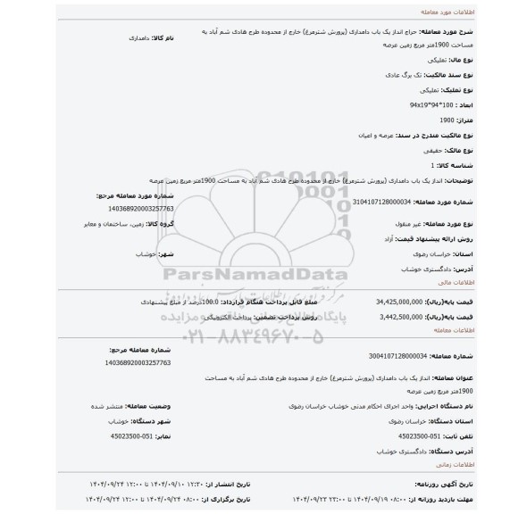 مزایده، انداز یک باب دامداری (پرورش شترمرغ) خارج از محدوده طرح هادی  شم آباد به مساحت 1900متر مربع زمین عرصه
