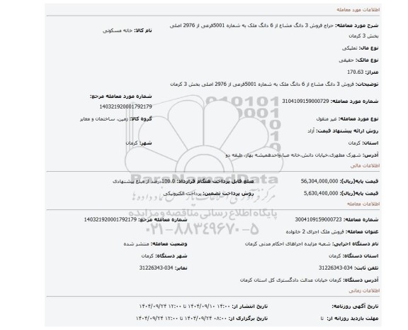 مزایده، فروش 3 دانگ مشاع از 6 دانگ ملک به شماره 5001فرعی از 2976 اصلی بخش 3 کرمان