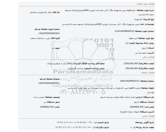 مزایده، قطعه زمین مشهوربه نیگار 1 آبی بمساحت تقریبی 4000مترمربع ازماترک مرحوم رحمت اله عباسی