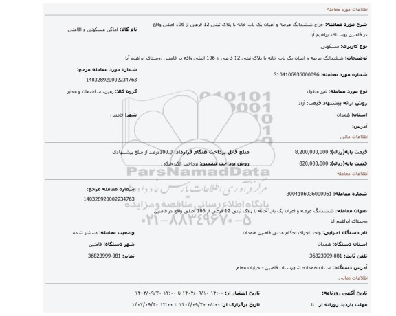 مزایده، ششدانگ عرصه و اعیان یک باب خانه با پلاک ثبتی  12 فرعی از 106 اصلی واقع در فامنین  روستای ابراهیم آبا