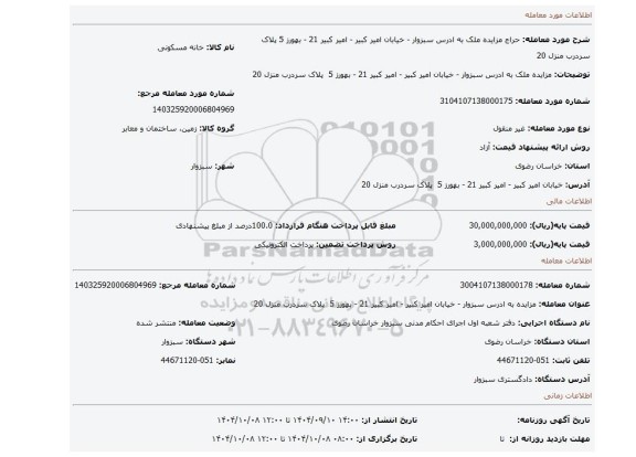 مزایده، مزایده ملک به ادرس سبزوار - خیابان امیر کبیر - امیر کبیر 21 - بهورز 5  پلاک سردرب منزل 20