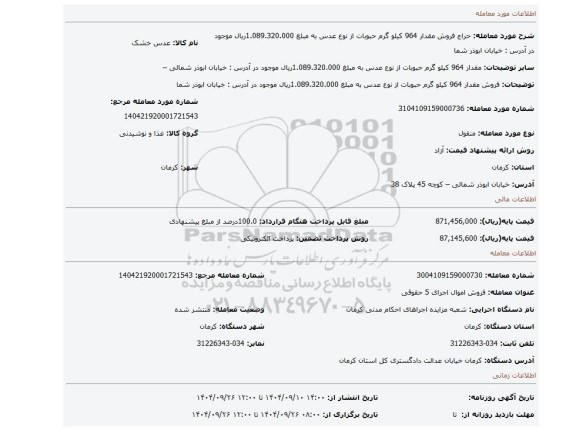 مزایده، فروش مقدار 964 کیلو گرم حبوبات از نوع عدس به مبلغ 1.089.320.000ریال موجود در آدرس : خیابان ابوذر شما