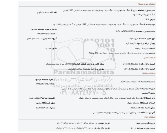 مزایده، 4 دانگ مشاع از ششدانگ  اعیان و منافع استیجاری عرصه ملک ثبتی 1533 فرعی از 5 اصلی بخش 9 مشهد