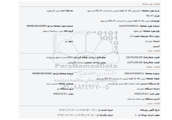 مزایده، زمین کاله که قطعه زمینی به مساحت 931.47 متر مربع