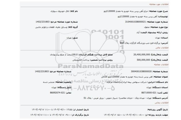 مزایده، آهن پرس بدنه خودرو به مقدار 120000کیلو