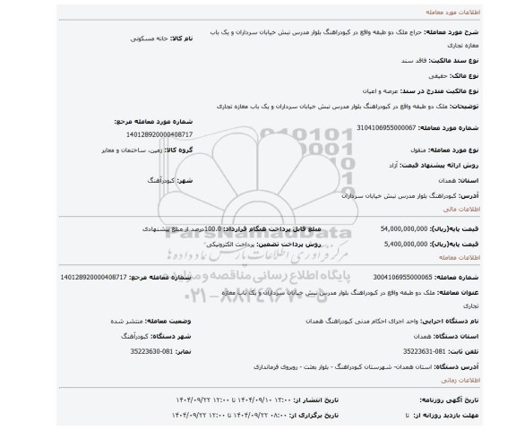 مزایده، ملک دو طبقه  واقع در کبودراهنگ بلوار مدرس نبش خیابان سرداران و یک باب مغازه تجاری