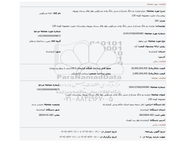 مزایده، مزایده دو دانگ مشاع از شش دانگ واحد مسکونی بلوار طاق بستان روبروی بیمارستان حضرت معصومه کوچه 135