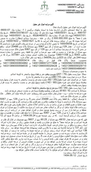 مزایده مقدار 129 سهم مشاع از کل سهم 5067 سهم ششدانگ پلاک ثبتی 20486 اصلی 