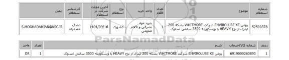 استعلام روغن ENVIROLUBE XE  شرکت WHITMORE  بشکه 200 لیتری از نوع HEAVY با ویسکوزیته 3500 سانتی استوک
