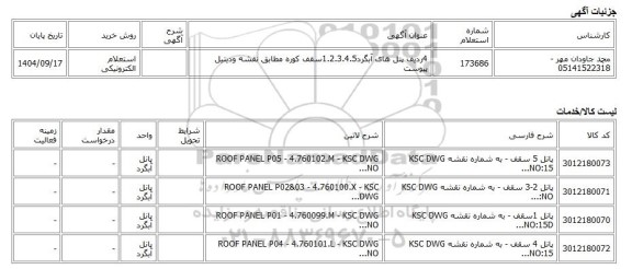 استعلام الکترونیکی، 4ردیف پنل های آبگرد1.2.3.4.5سقف کوره مطابق نقشه ودیتیل پیوست