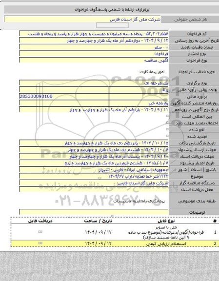 مناقصه, ۱۳۳۲متر خط تغذیه داراب ۱۴۰۴/۶۷
