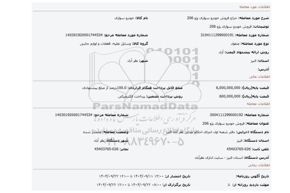 مزایده، فروش خودرو سواری پژو 206