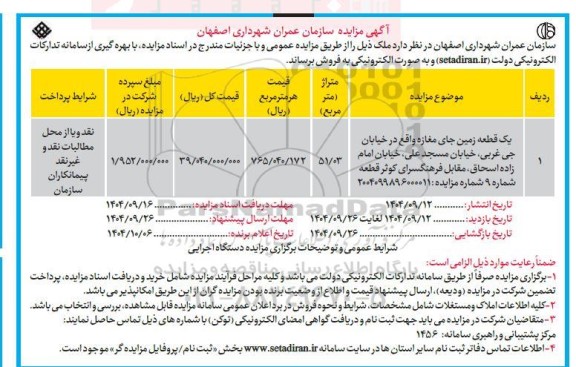 مزایده یک قطعه زمین جای مغازه