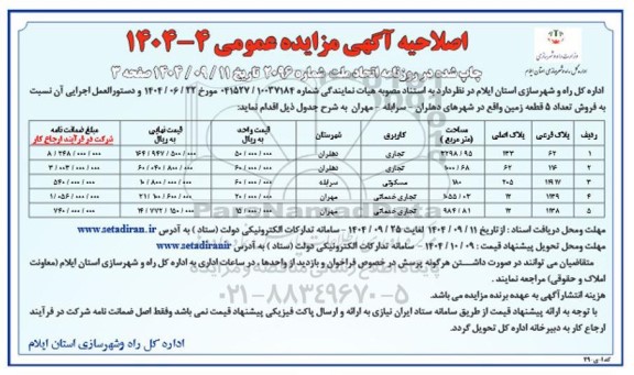اصلاحیه مزایده فروش 5 قطعه زمین