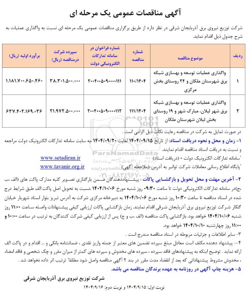 مناقصه واگذاری عملیات توسعه و بهسازی شبکه برق ...