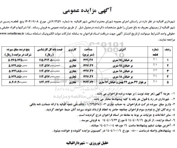 مزایده فروش 5 قطعه زمین تجاری
