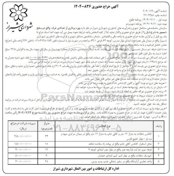 حراج حضوری بهره برداری از تعدادی غرف ...-  نوبت دوم 