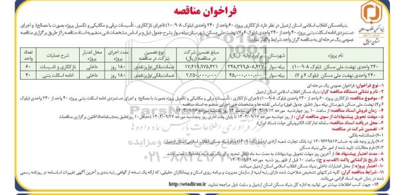 فراخوان مناقصه واگذاری  نازککاری پروژه 60 واحد از 240 واحدی بلوک ...