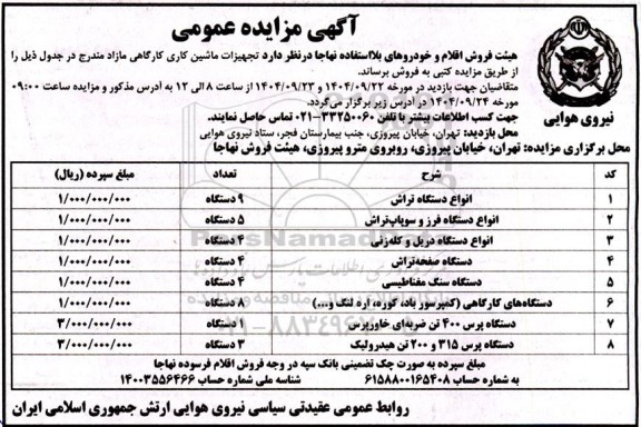 مزایده فروش تجهیزات ماشین کاری کارگاهی مازاد
