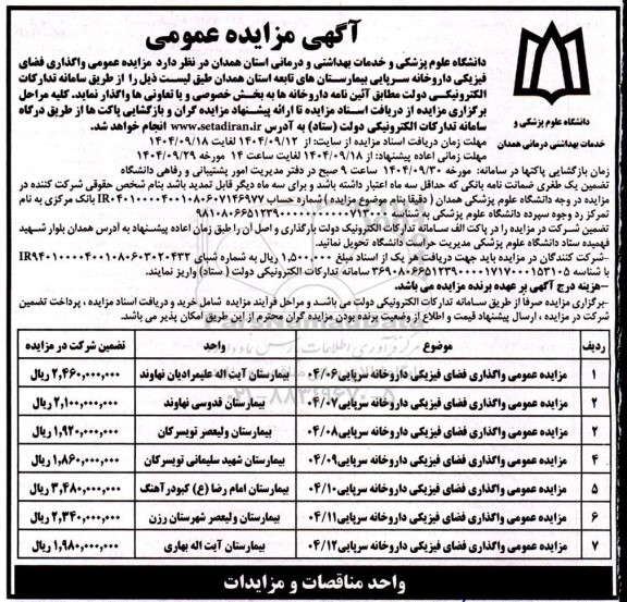 مزایده  واگذاری فیزیکی داروخانه سرپایی بیمارستان های تابعه استان