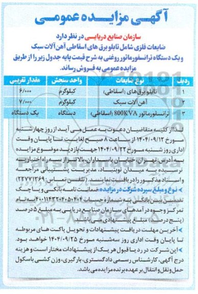 آگهی مزایده عمومی فروش ضایعات فلزی شامل تابلو برق های اسقاطی..