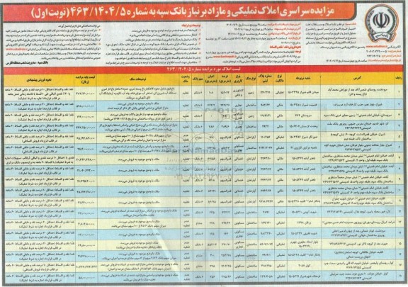 مزایده سراسری املاک تملیکی و مازاد بر نیاز بانک سپه