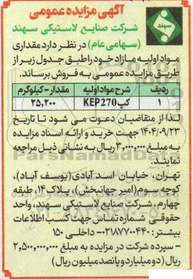 مزایده عمومی فروش مقداری مواد اولیه مازاد، کپ KEP 270