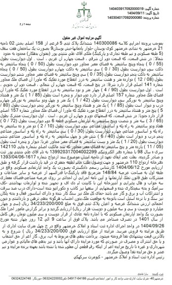 مزایده  ششدانگ پلاک ثبتی 5 فرعی از 158 اصلی بخش 02 ناحیه 21