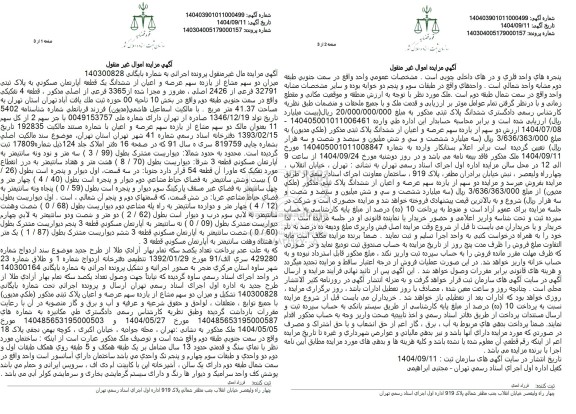 مزایده میزان دو سهم مشاع از یازده سهم عرصه و اعیان از ششدانگ یک قطعه آپارتمان مسکونی به پلاک ثبتی 32791 فرعی از 2426 اصلی 