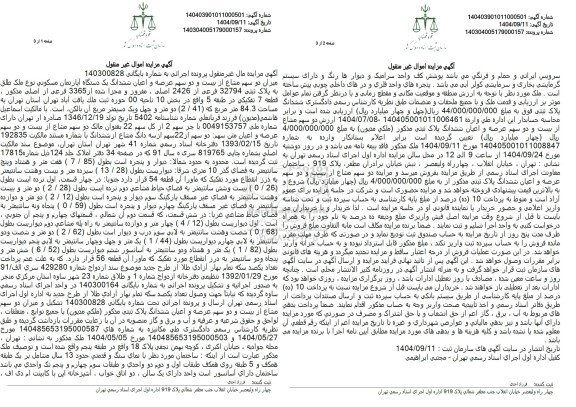 مزایده میزان دو سهم مشاع از دوازده سهم عرصه و اعیان از ششدانگ یک قطعه آپارتمان مسکونی به پلاک ثبتی 32794 فرعی از 2426 اصلی  