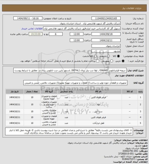 استعلام دریچه فیلترتابلویی OSKARI , لولا درب پنل ریتال (RITAL) ,استوپر پایین درب تابلویی ریتال و.. مطابق با شرایط پیوست