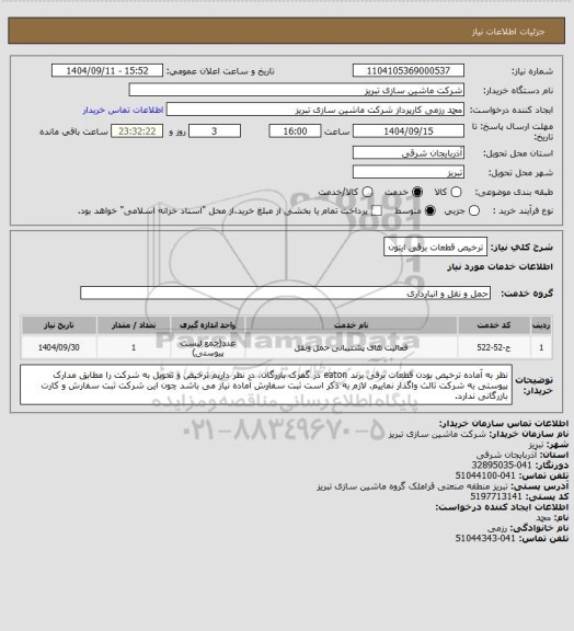 استعلام ترخیص قطعات برقی ایتون