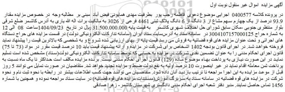 مزایده یک چهارم سهم مشاع از 3 دانگ از 6 دانگ پلاک ثبتی 4461 فرعی از 3026