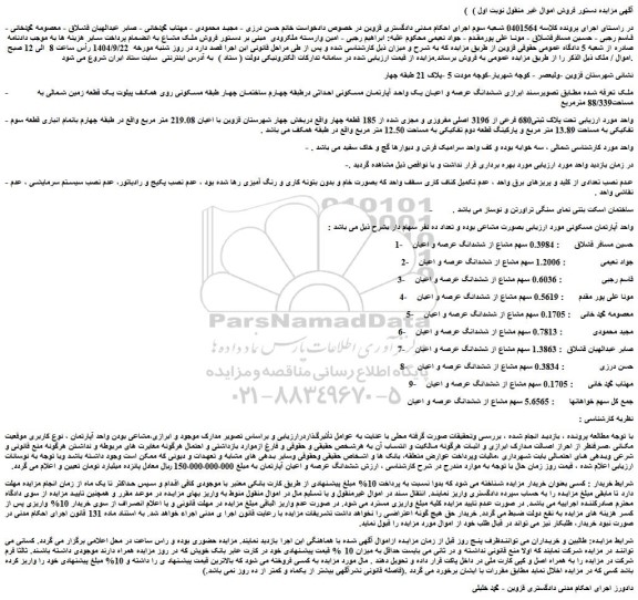 مزایده ششدانگ عرصه و اعیان یک واحد آپارتمان مسکونی احداثی درطبقه چهارم ساختمان چهار طبقه مسکونی روی همکف پیلوت یک قطعه زمین شمالی به مساحت88/339 مترمربع