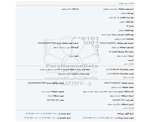مزایده، منزل  مسکونی