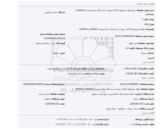مزایده، اموال غیرمنقول 0.22 سهم از ششدانگ مشاع پرونده 0400401 و 0400481