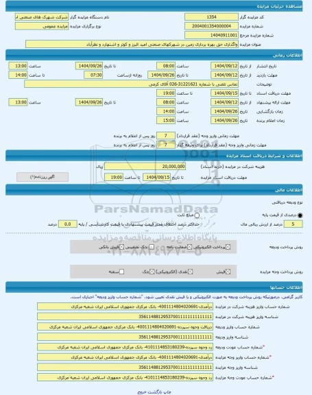 مزایده ، واگذاری حق بهره برداری زمین در شهرکهای صنعتی امید البرز و کوثر و اشتهارد و نظرآباد -مزایده زمین  - استان البرز